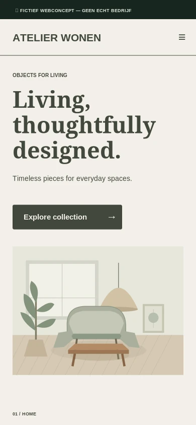 Mobiele mock-up van het fictieve websiteontwerp Atelier Wonen