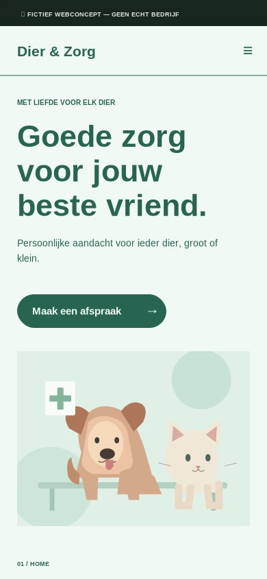 Mobiele mock-up van het fictieve websiteontwerp Dier & Zorg