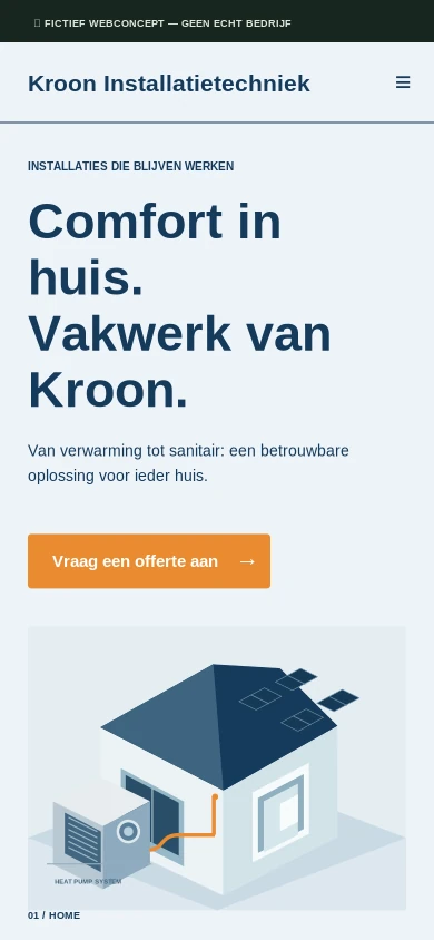 Mobiele mock-up van het fictieve websiteontwerp Kroon Installatietechniek